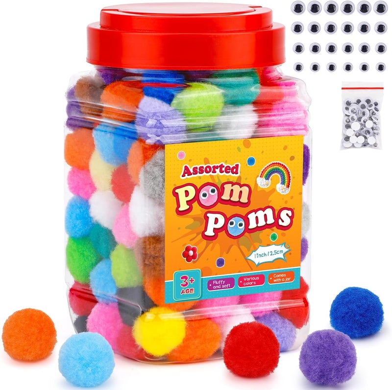 MORFEN 400 Pcs - 300 Pcs 1 Inch Pom Poms Assorted Colors Pom Poms for Crafts, Puff Balls Pompoms in Jar for Making Decorations DIY Craft Supplies - Image 1